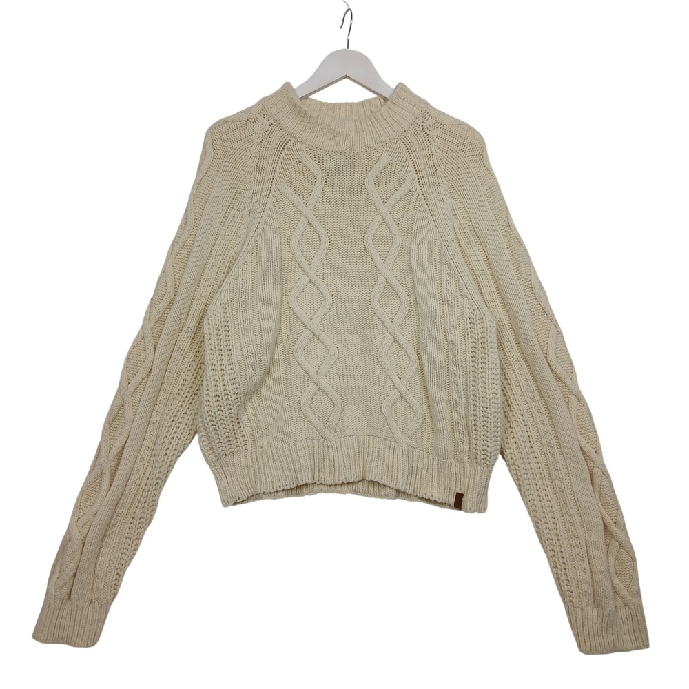 Roots Wool Cashmere Blend Cable Knit Mock Neck Sweater Cream Small